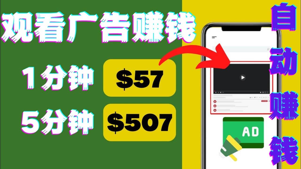 观看视频广告，只需要点击广告，每5分钟赚57美元-搞钱帮